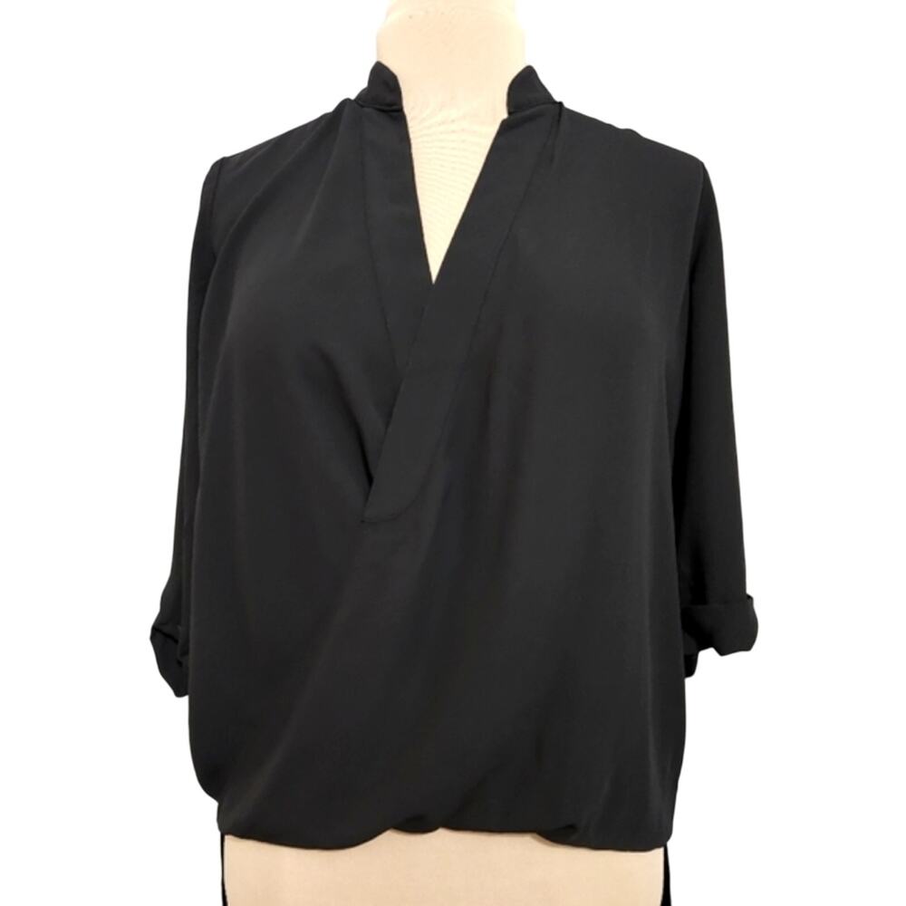 Lisa Rinna Black Surplice Wrap Neckline 3/4 Cuffed Sleeve Top XXS